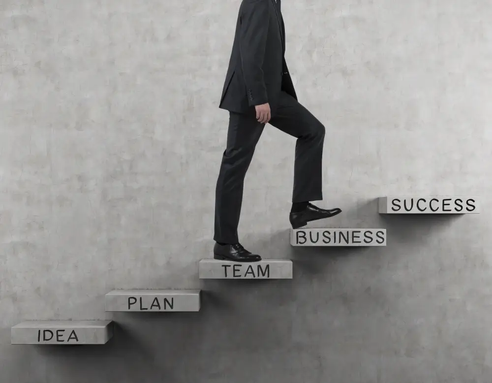 一段ずつidea,plan,team,business,successと書かれた階段をスーツを着た人が登っている画像